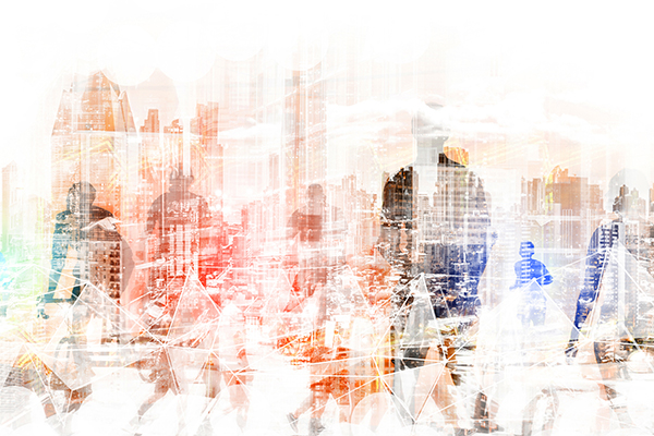 Abstract rendering of cities and people overlaid over each other