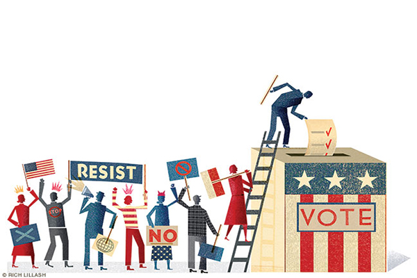 rendering of cartoon humans in line with flags and protest signs waiting to climb a ladder to stuff their vote into a life-size ballot box