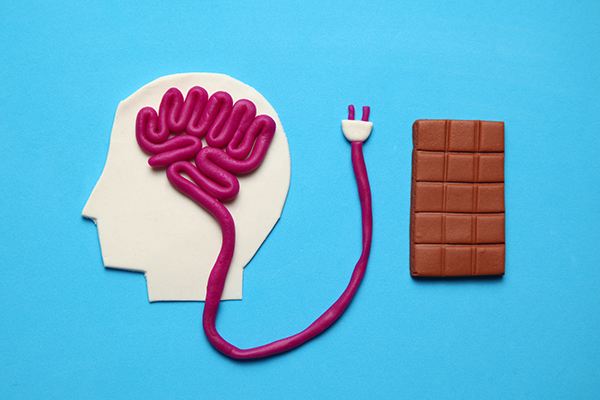 Rending of a head in profile with brain matter made out of modeling clay and a power plug at the end, beside it is a chocolate bar made of modeling clay