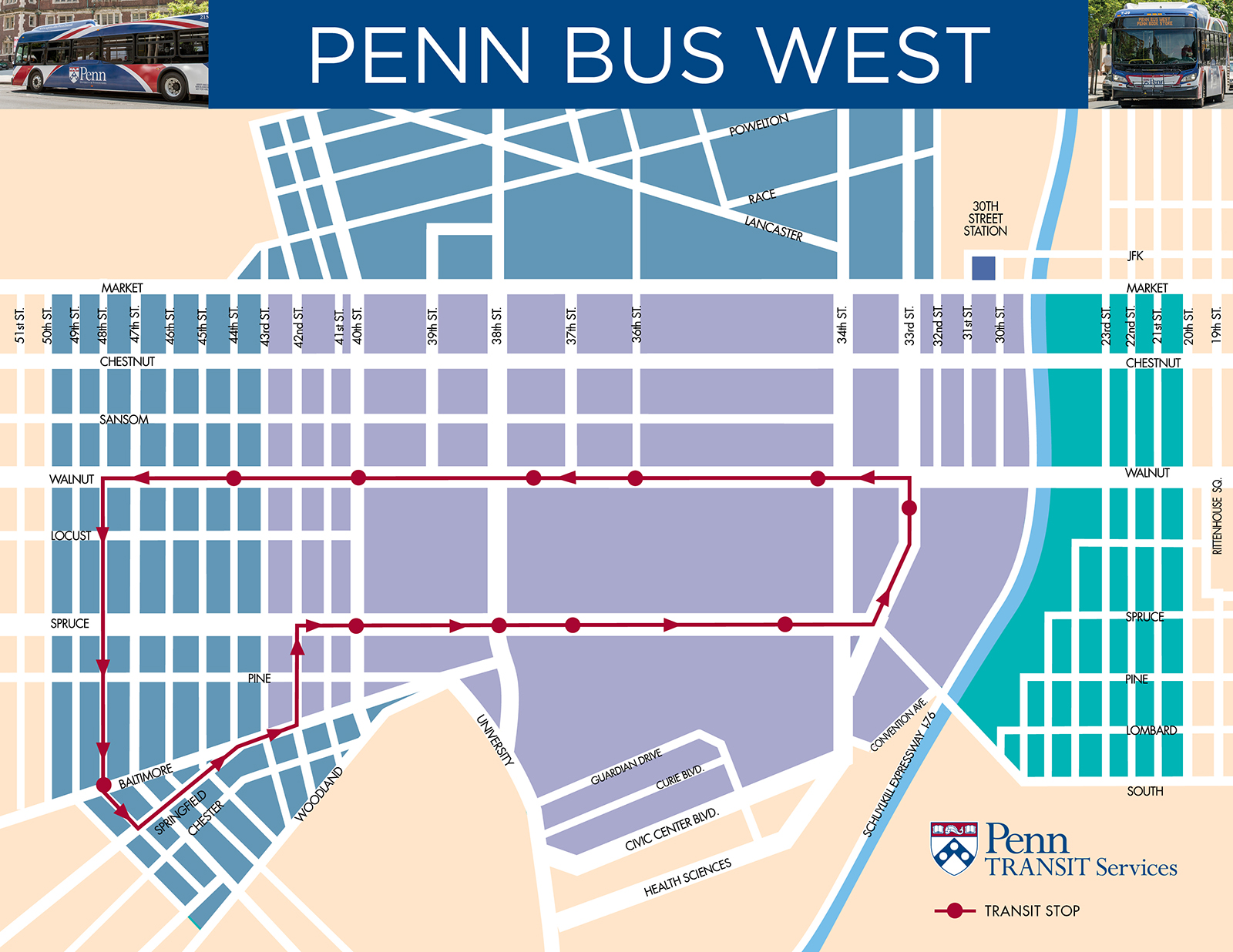 Map of the Penn Bus West route