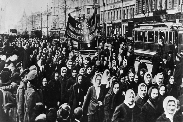 Historical image of the first International Women's Day march in Petrograd in 1917