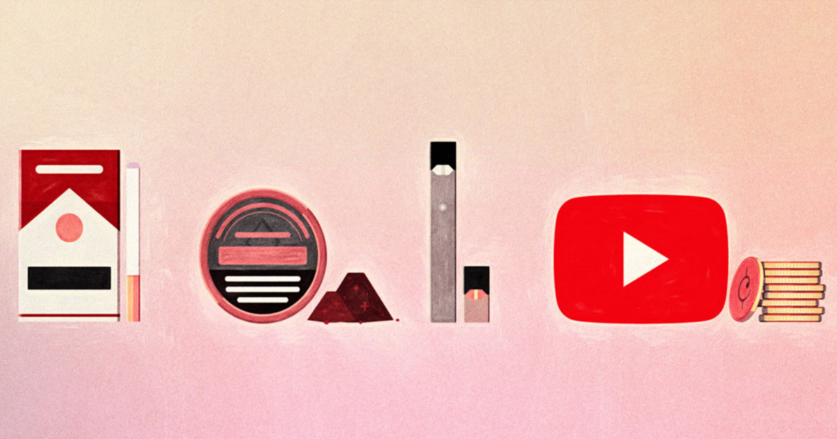 drawing of a pack of cigarettes and symbols of tobacco use alongside a YouTube play button image