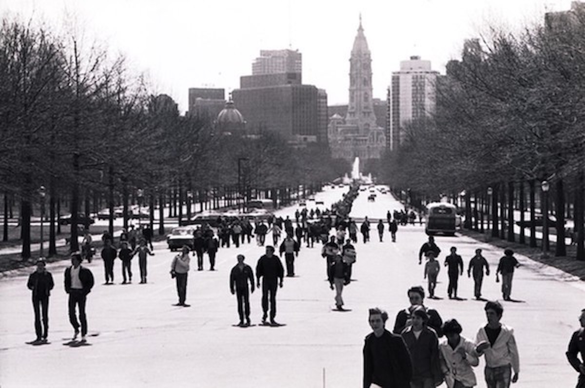 People march along Benjamin Franklin Parkway in Philadelphia on April 22, 1970 during Earth Day.