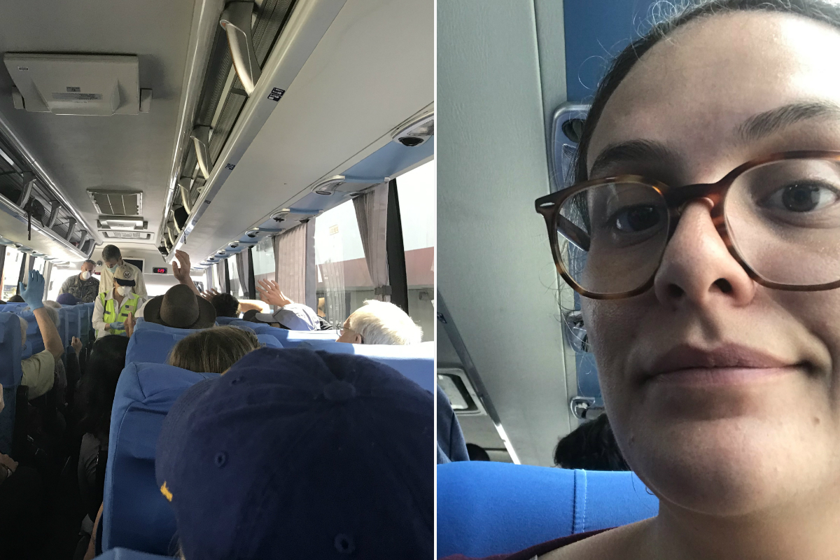 Side by side image of inside travel bus and passenger in glasses.