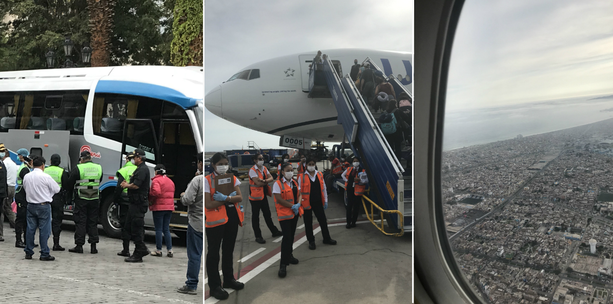 Left to right: Buses in the central plaza in Arequipa, Peru; crew members in orange vests watch passengers board the embassy charter in Lima; a view of Lima from the plane.