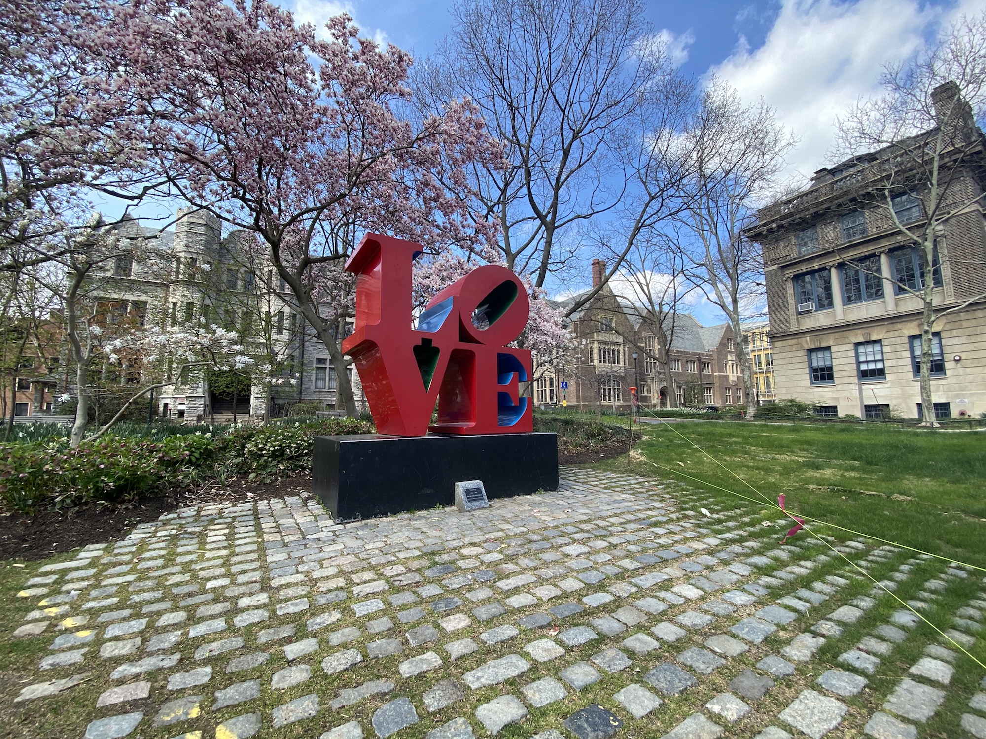 LOVE statue on Penn's campus amid spring-blooming trees