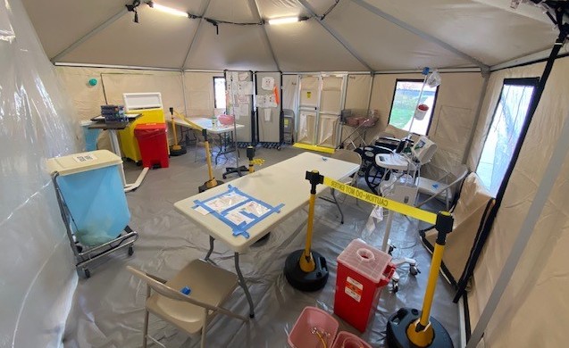 Interior of a temporary triage tent, with all necessary equipment. 