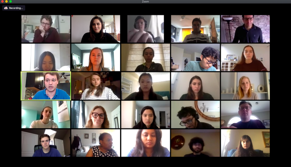 Screen shot of 25 people on a Zoom video call.