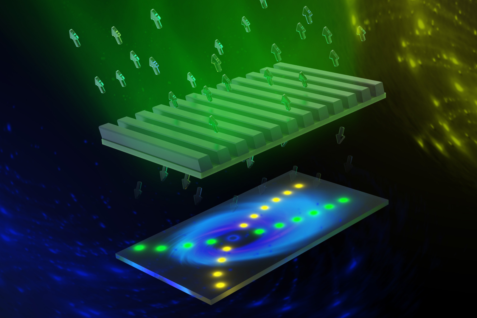 an abstract depiction of an optical chip with arrows representing unidirectional light travel