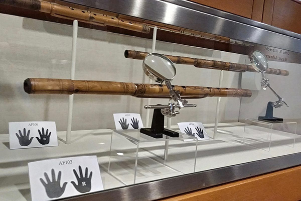 Glass display case of ney flutes, part of Juan Castrillón’s exhibit.