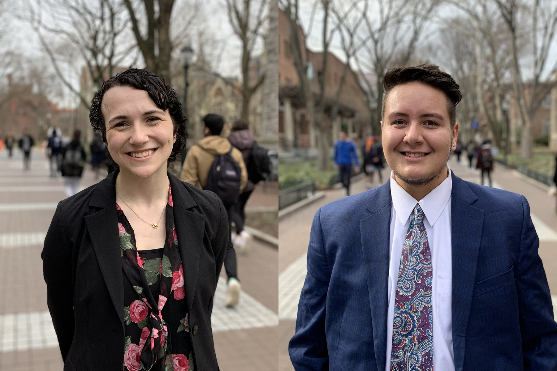 two students standing outside on Locust Walk