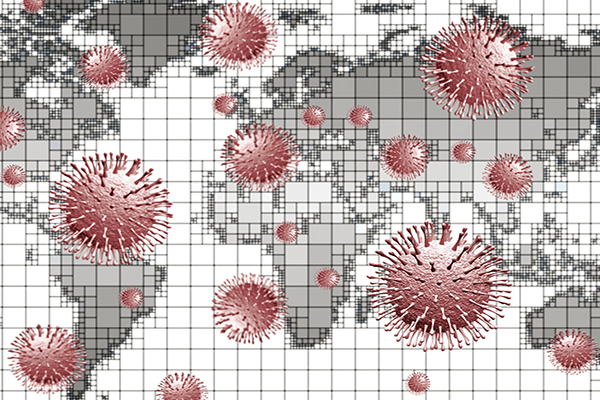 Microscopic coronavirus images superimposed over digital global map