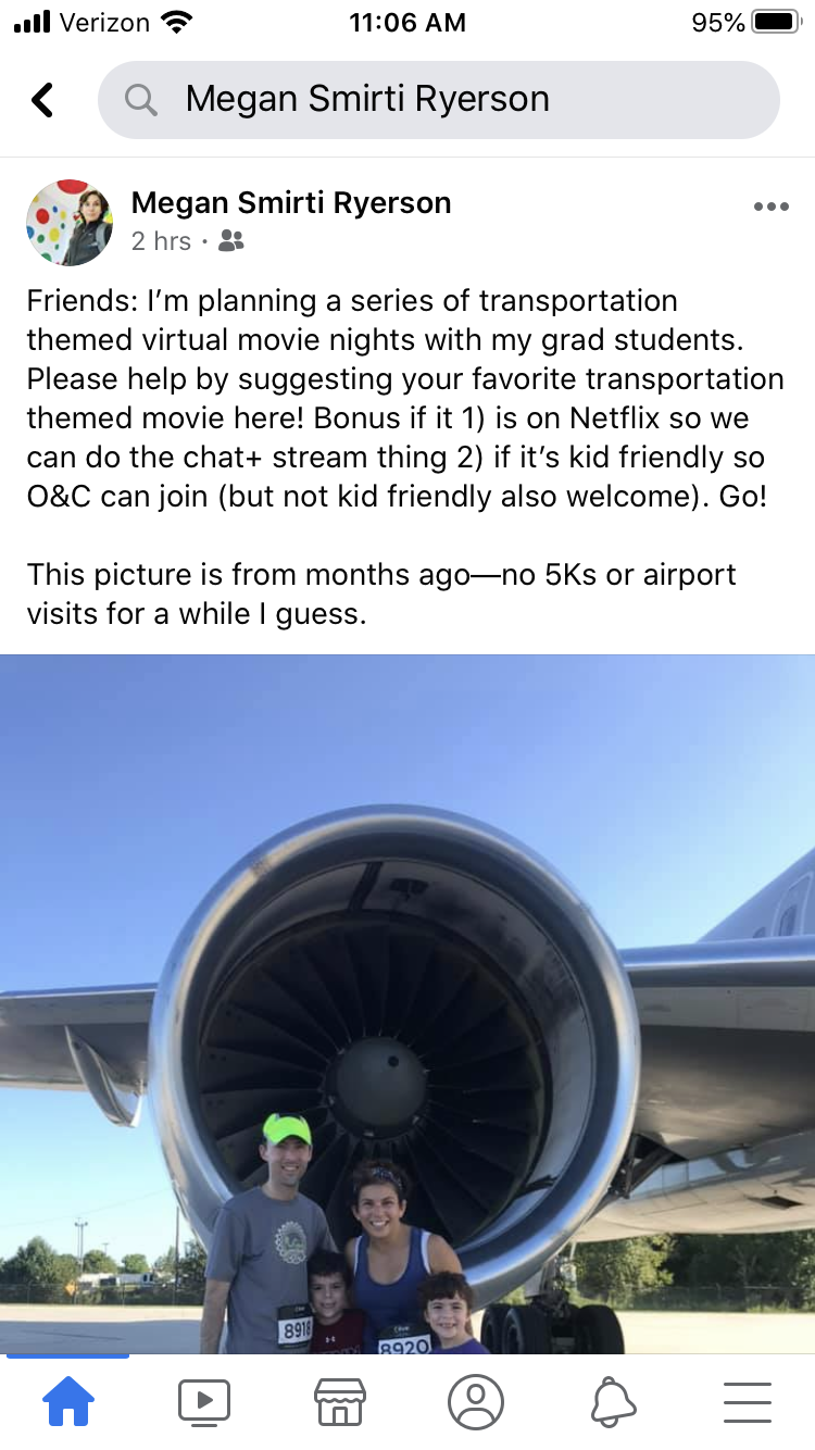 Social media post showing professor and her family in front of an airplane.