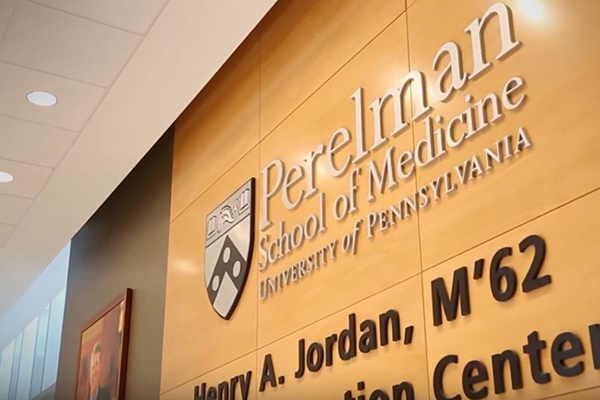 Signage on the wall at that reads Perelman School of Medicine, University of Pennsylvania