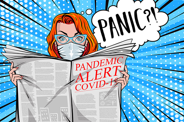 Cartoon of a person wearing a face back wondering if they should panic while reading a tabloid newspaper with the headline reading pandemic alert covid-19.