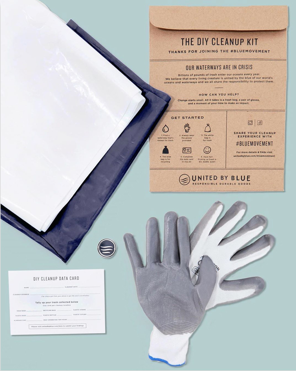 picture of gloves, cleaning kit, trashbags with united By blue logo