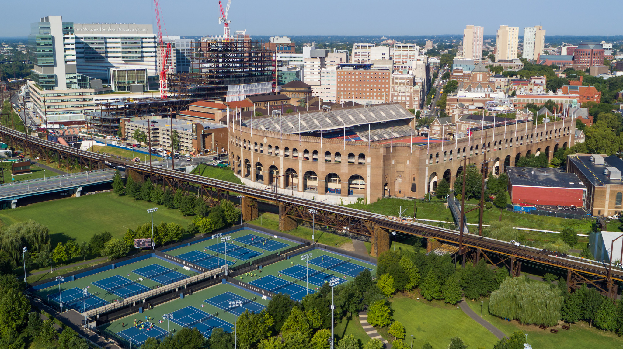 A 2018 aerial shot showing Franklin Field and the Tennis Courts.