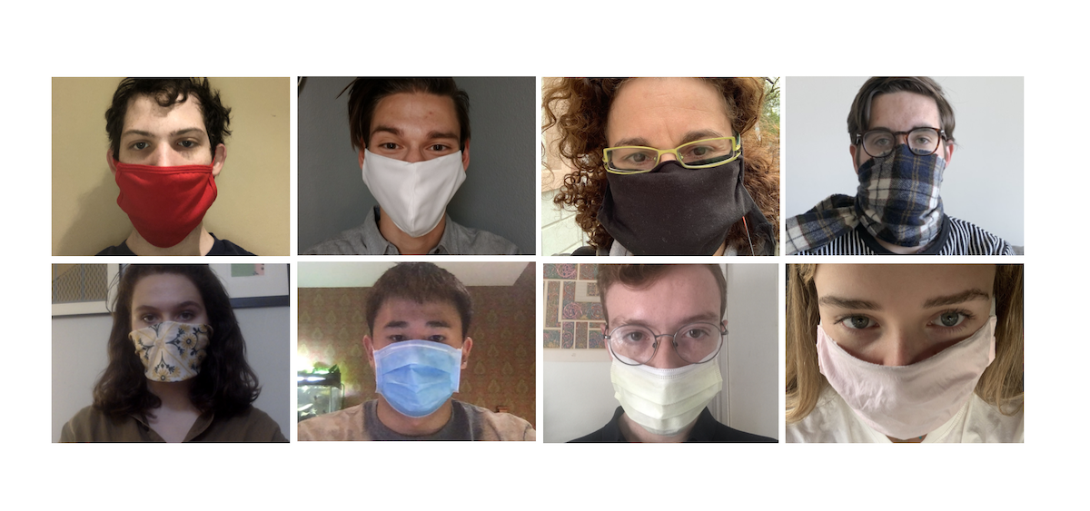 Compilation of eight people wearing face masks.