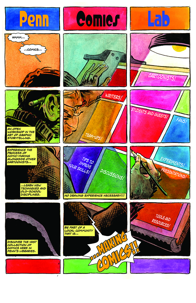 Comics Lab mockup with panels depicting cartoonist