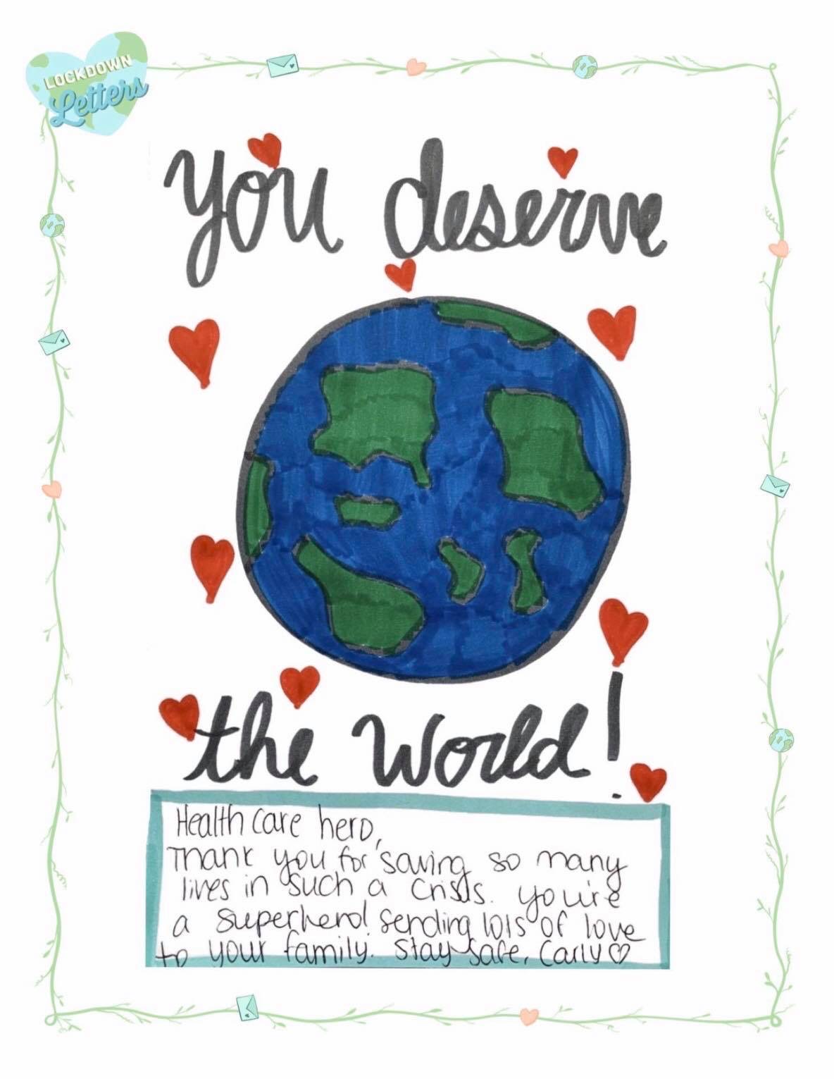 A letter to a health care professional with a picture of the globe that says "You deserve the world"