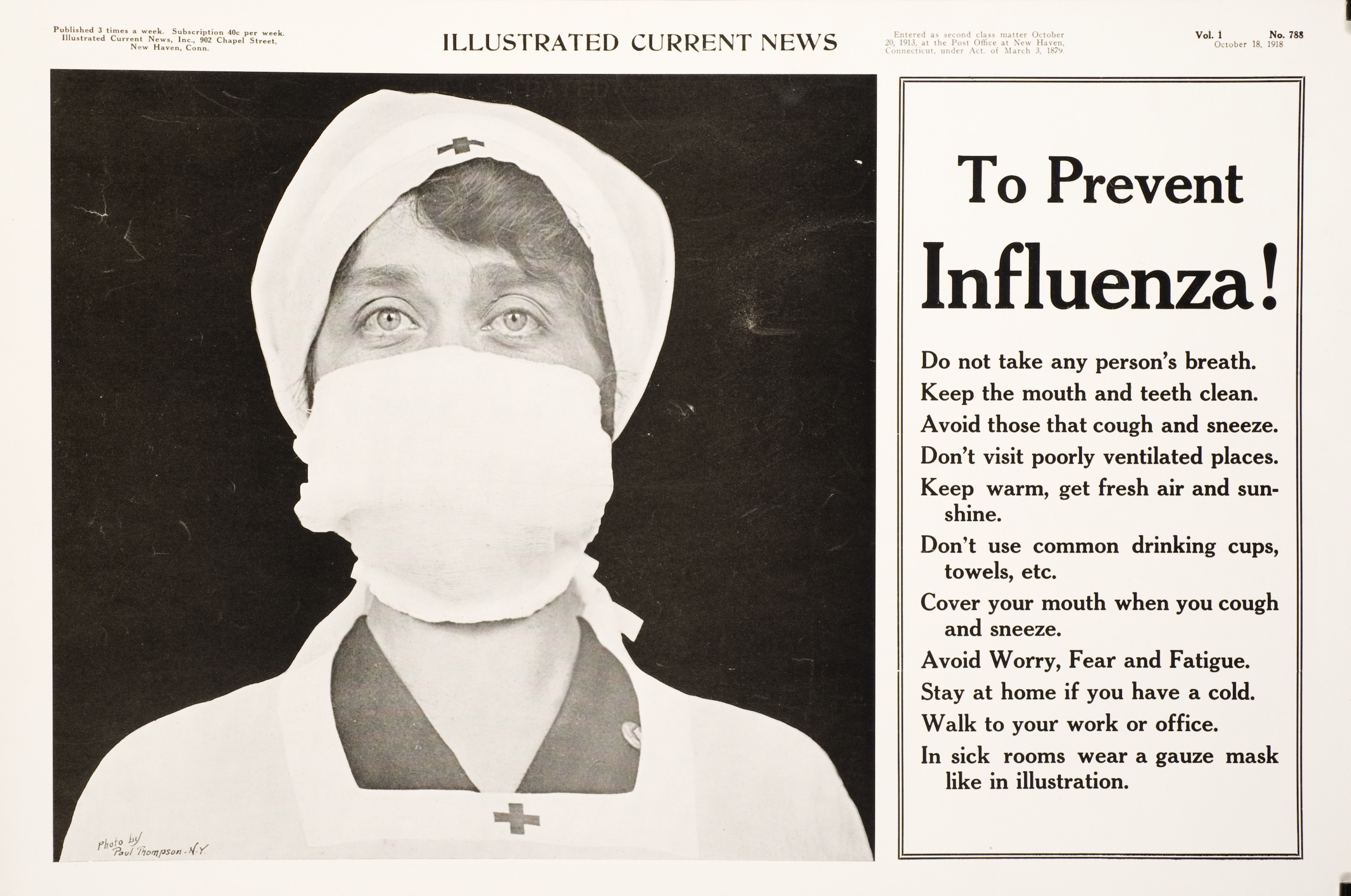 A woman wearing a red cross and a mask over her face illustrates an announcement that says, "To Prevent Influenza!"
