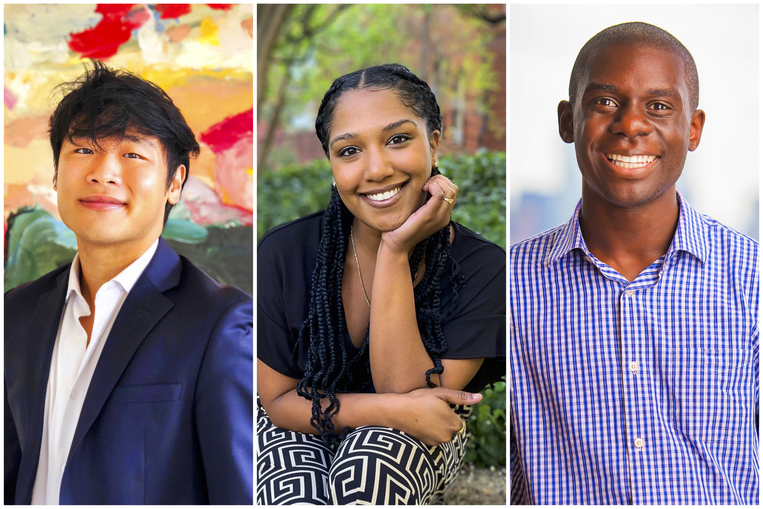 Three side-by-side portraits of Penn students