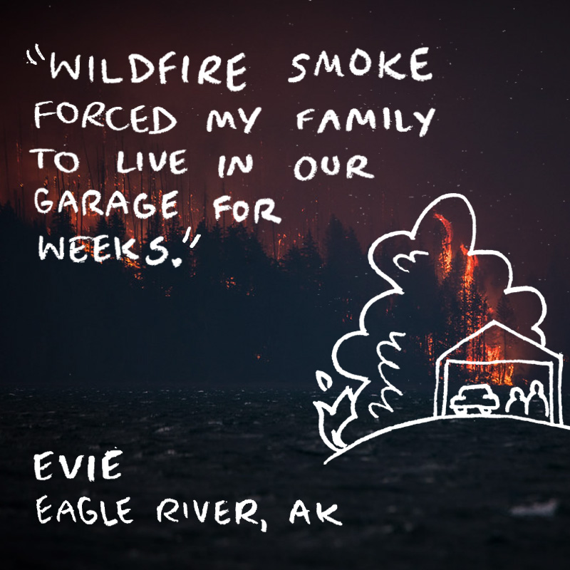 against a background of wildfire, the writing "wildlife smoke forced my family to live in our garage for weeks." -evie