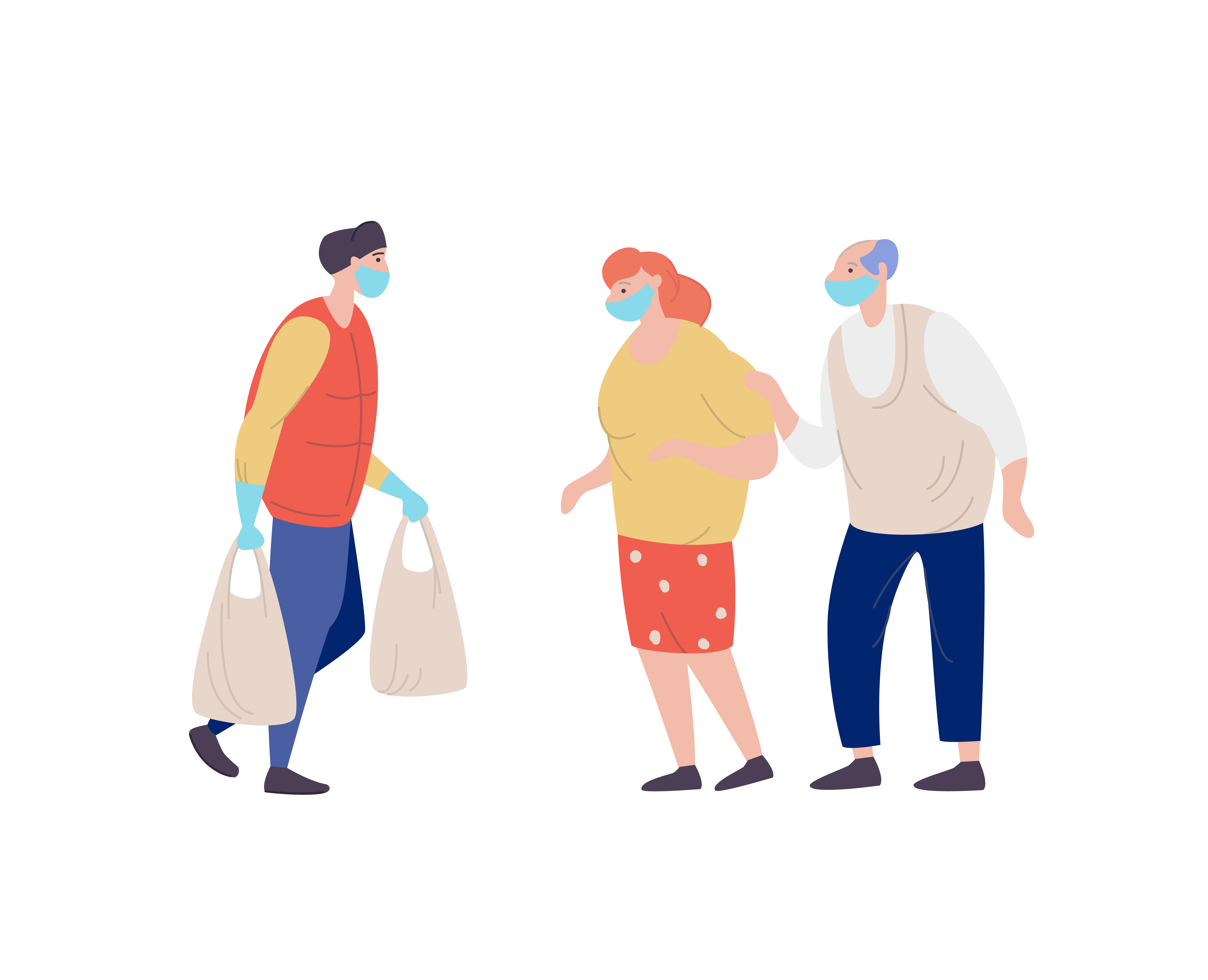 Graphic illustration of essential worker delivering groceries to an older couple