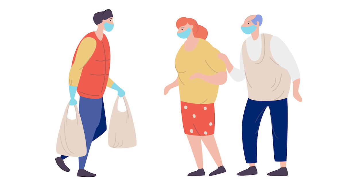 Graphic illustration of essential worker delivering groceries to an older couple