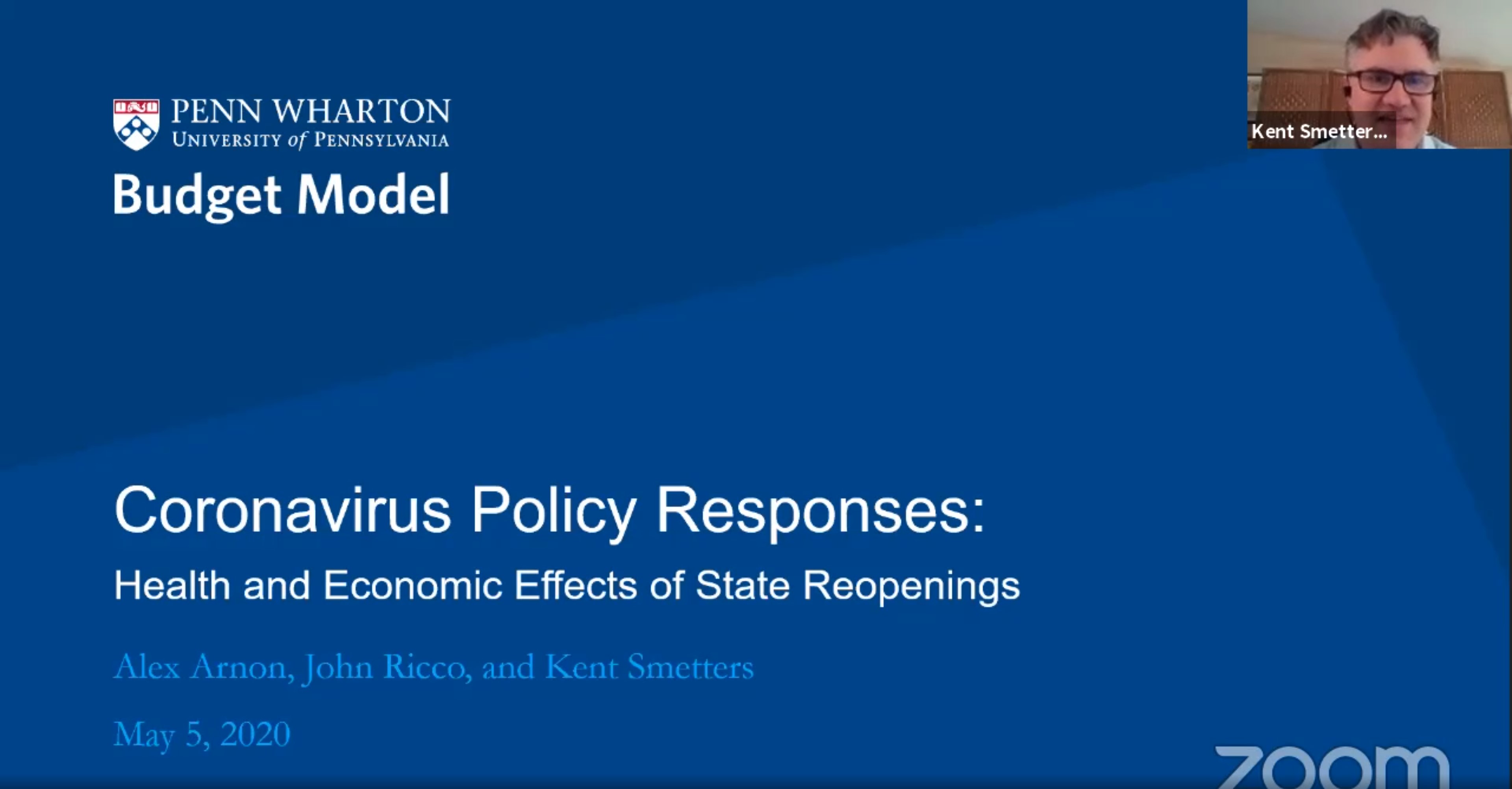 screen shot of virtual panel discussion of the Penn Wharton Budget Model with Kent Smetters at top right corner