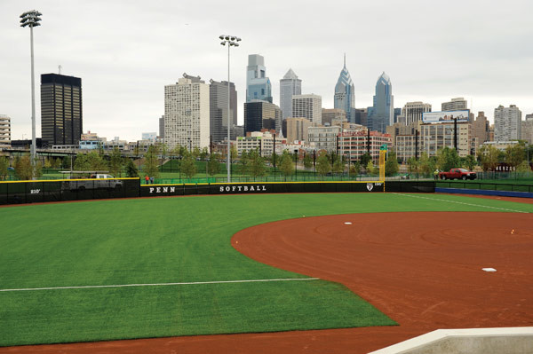 Penn's softball field looking out towards Center City.