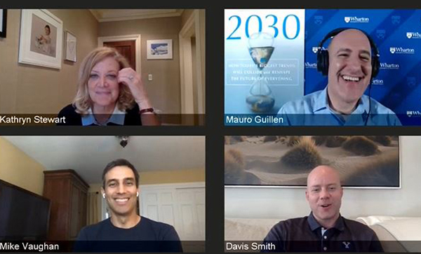 Screen shot of a Zoom meeting with Kathryn Stewart, Mauro Guillen, Mike Vaughn and Davis Smith