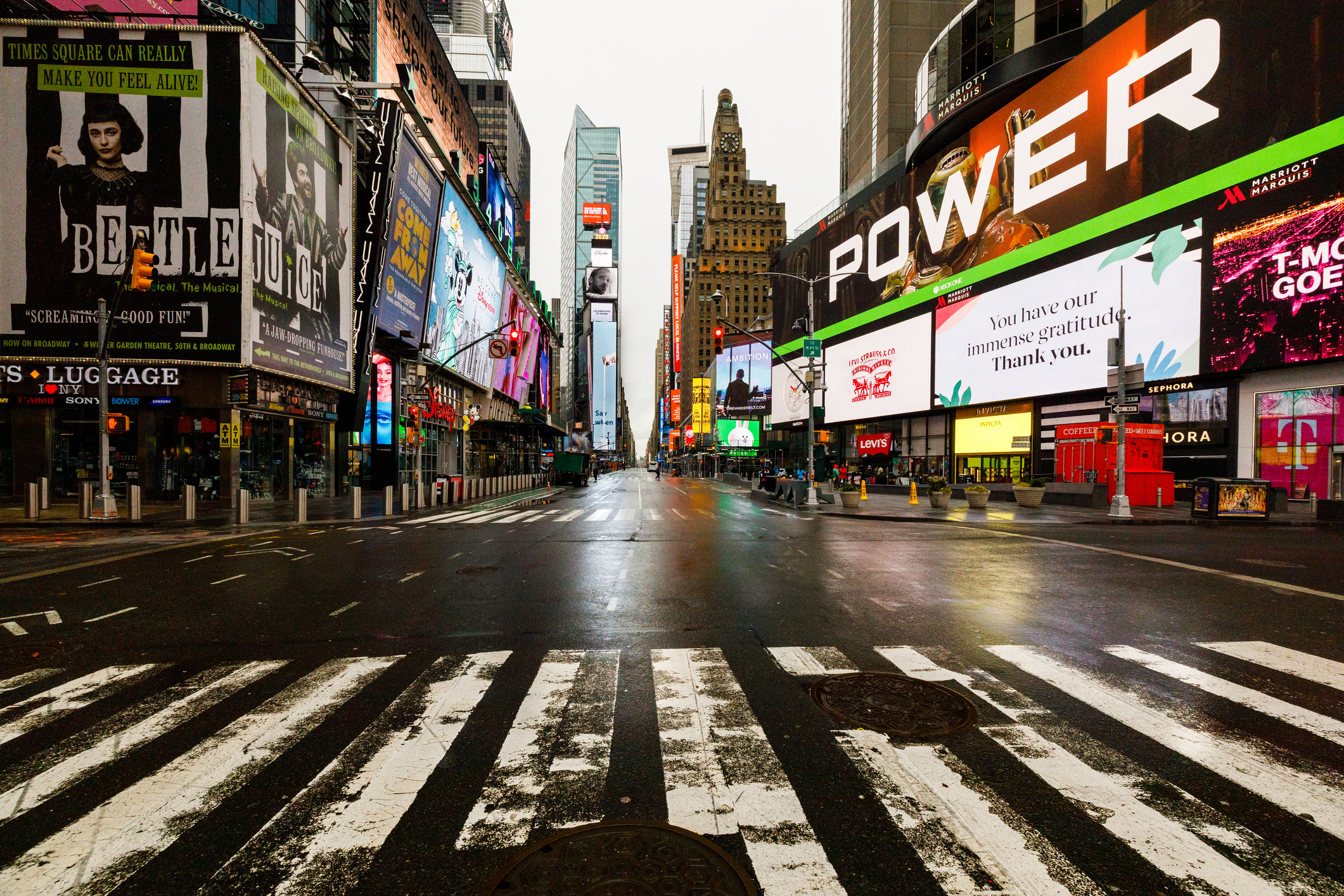 An empty Times Square during a rainy day