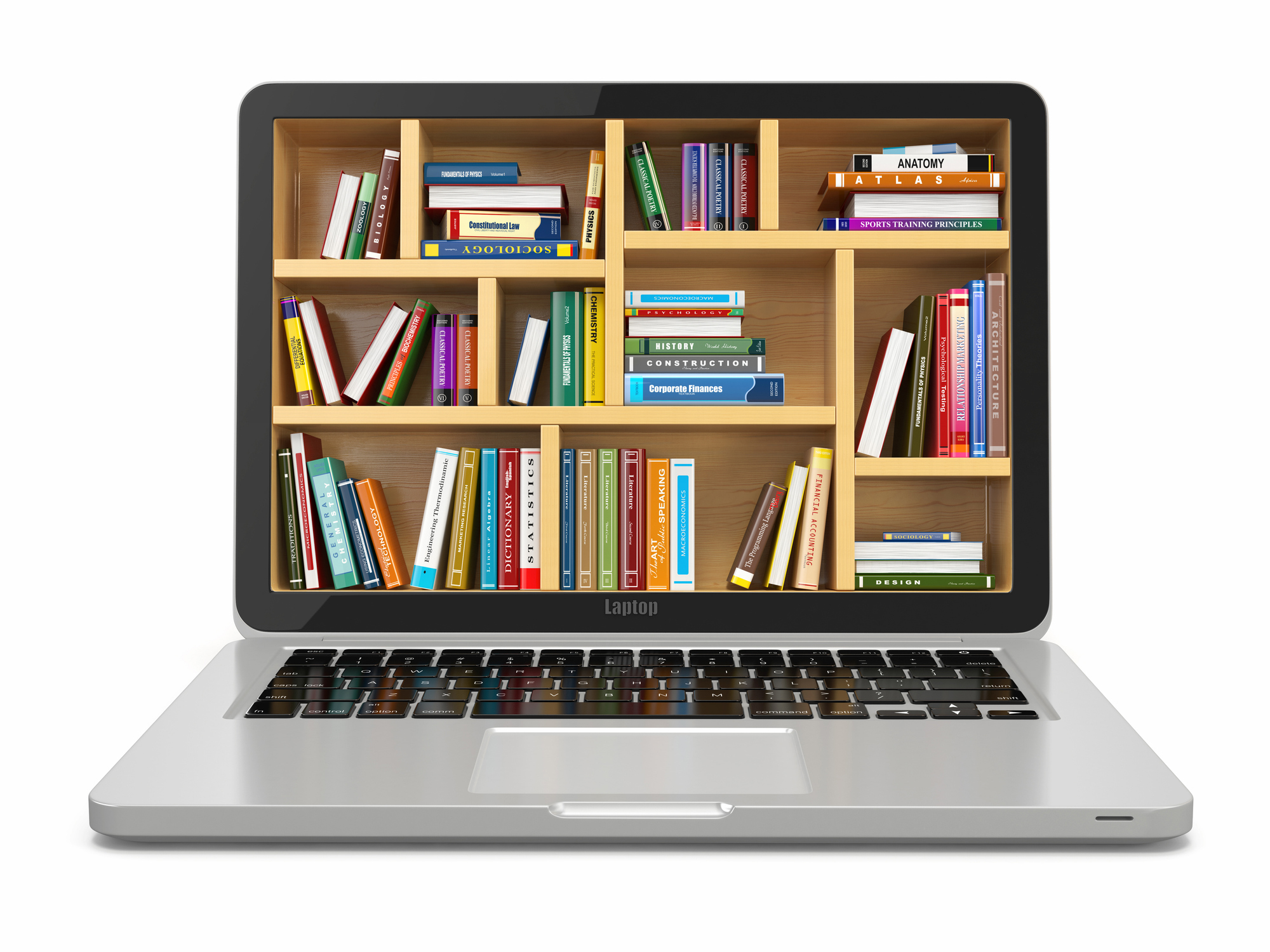 Open laptop with screen displaying library books on a library bookshelf.