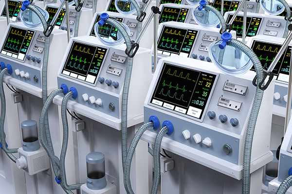 Rows of hospital-grade ventilator machines