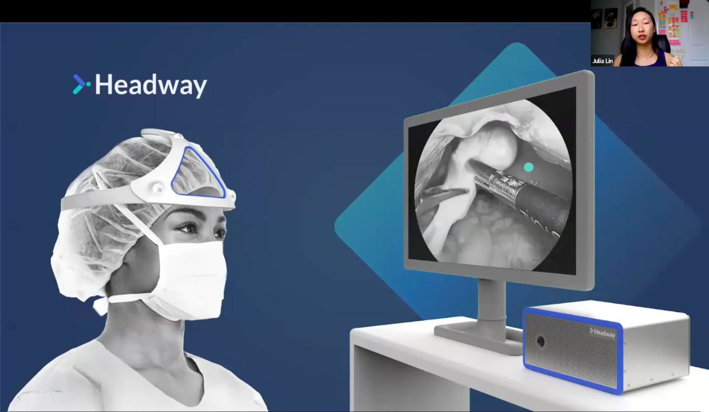 julia lin giving a zoom presentation about headway, next to a stock image of a surgeon wearing a head covering and an image on a screen showing what the surgeon sees