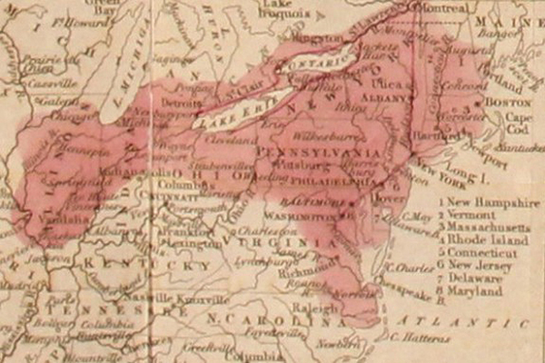 Map from 1830s depicting the eastern United States, showing cholera cases with red highlights