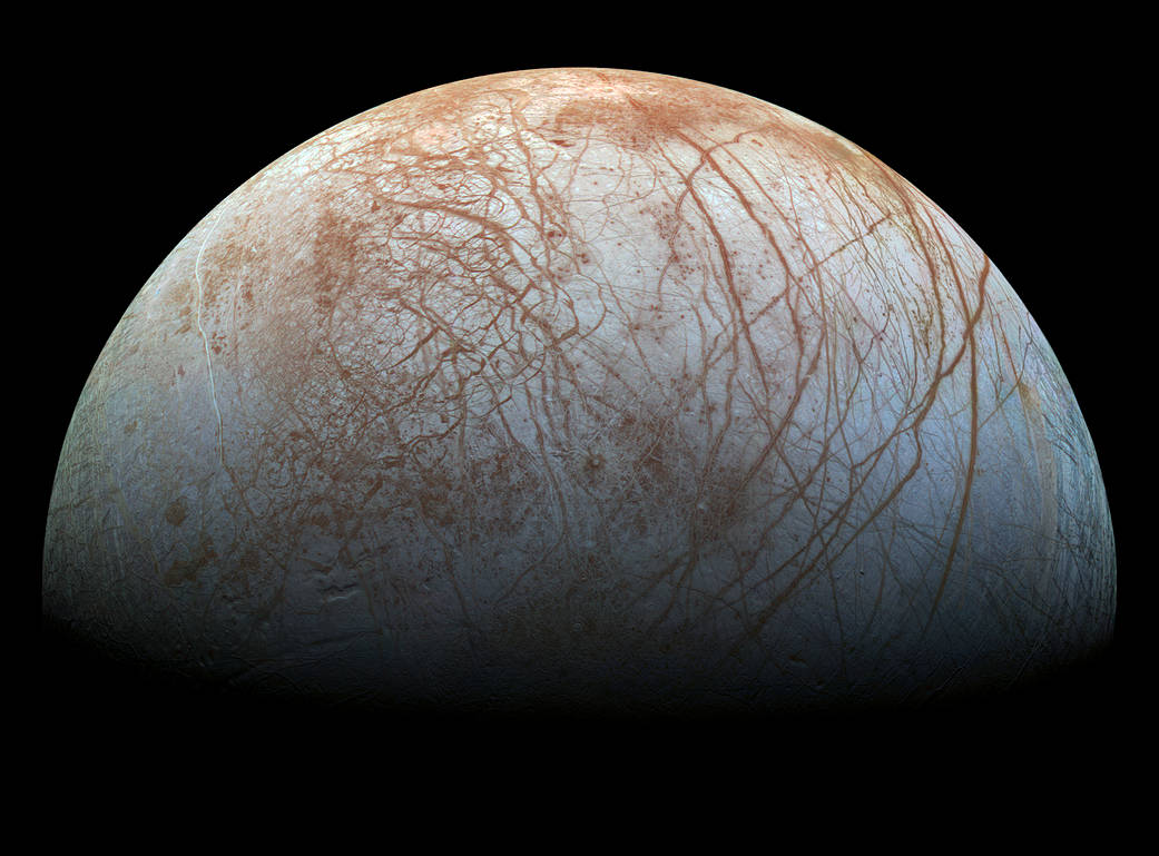View of the cracked surface of Jupiter's moon, Europa
