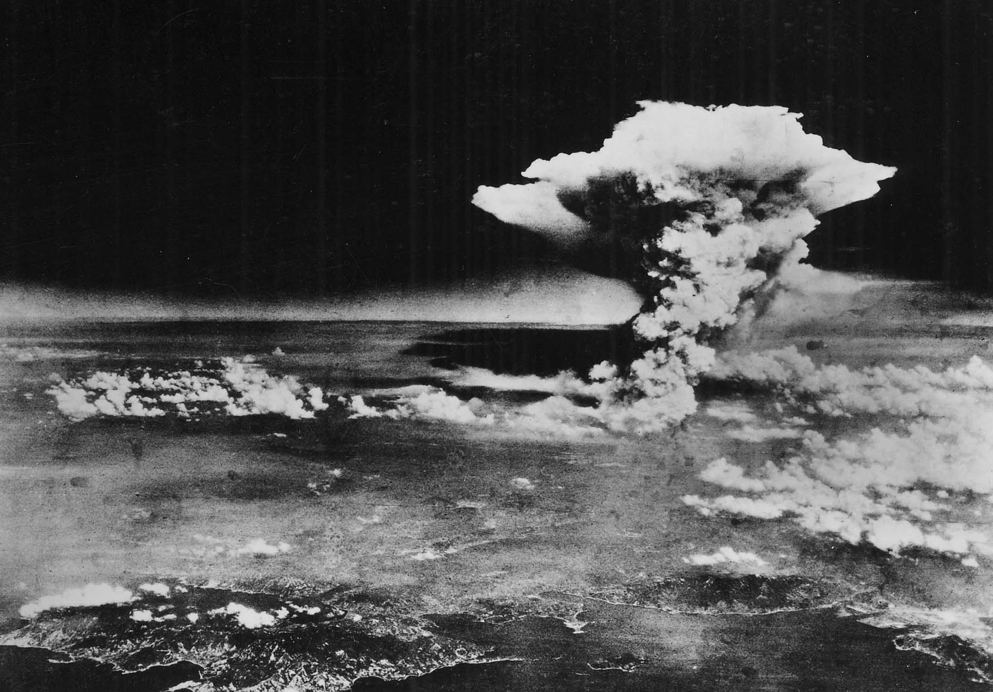 Mushroom cloud seen from the sky over Hiroshima, Japan on Aug. 6, 1945