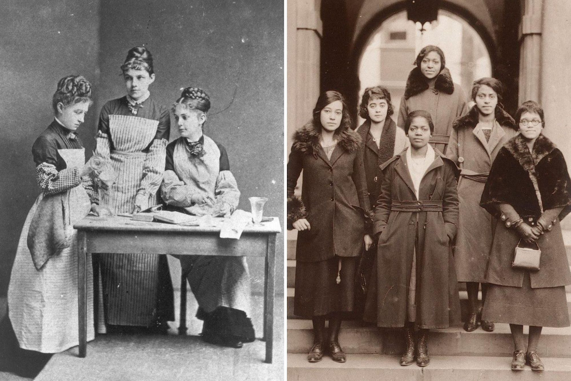Two images from Penn Archives, on the left are the first three women enrolled at Penn at a desk with chemistry experiment equipement; on the right, six members of a Black sorority in the 1940s