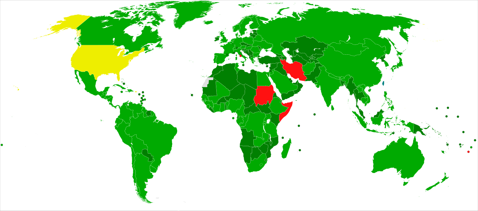 world map showing countries in green that have ratified CEDAW, yellow (the US) signed but not ratified, and other countries in red that have not signed.
