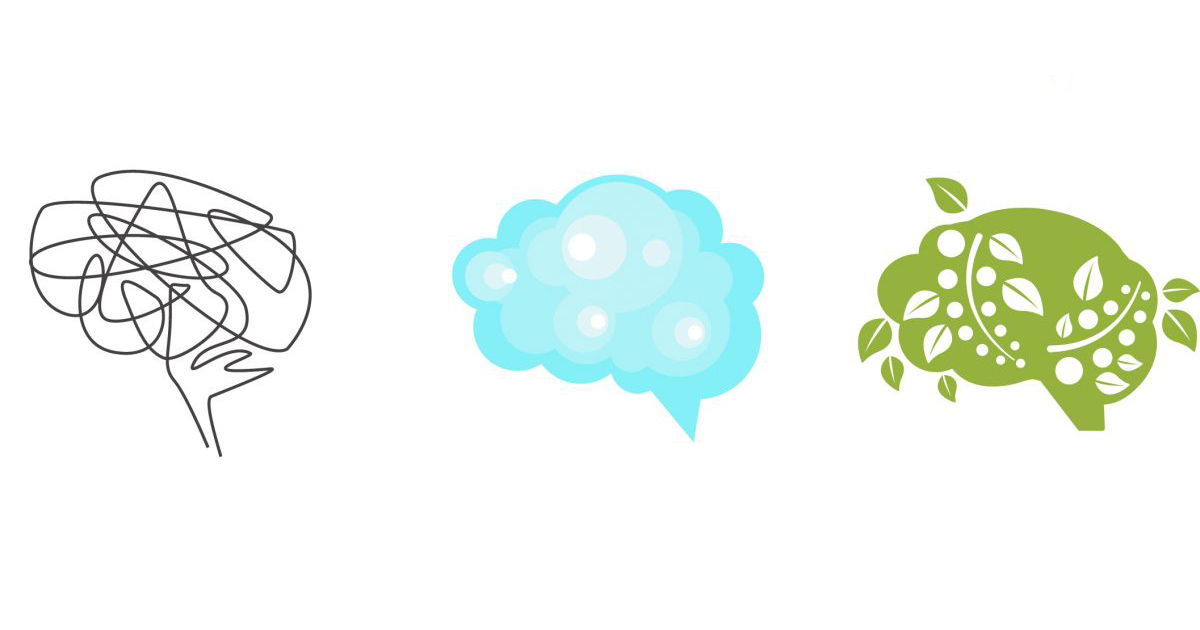 Three renderings of illustrated brains, one is an abstract scribble, one looks cloudy and ephemeral, one looks like plant matter.