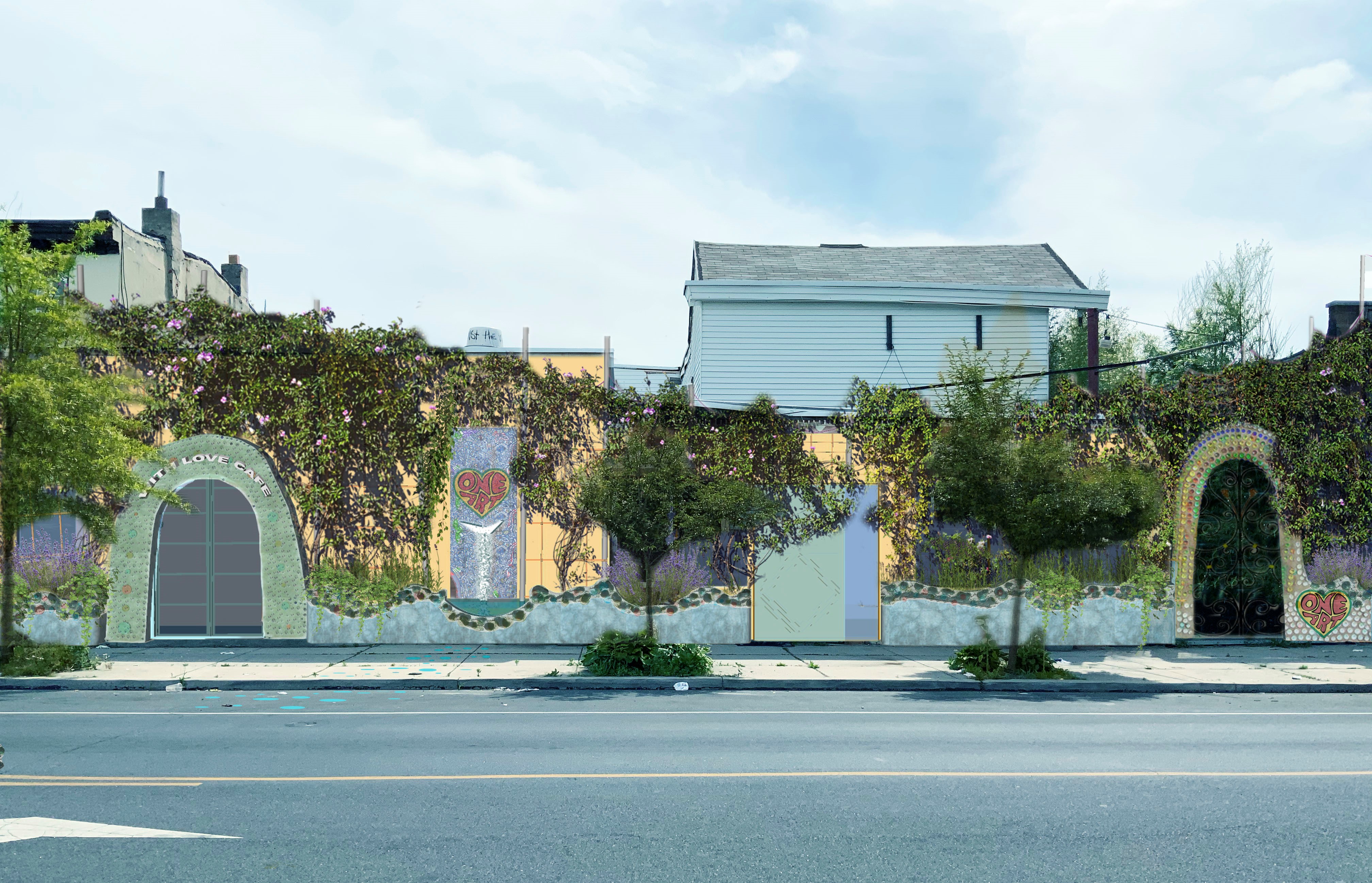 trees and green vines along a painted wall next to a sidewalk