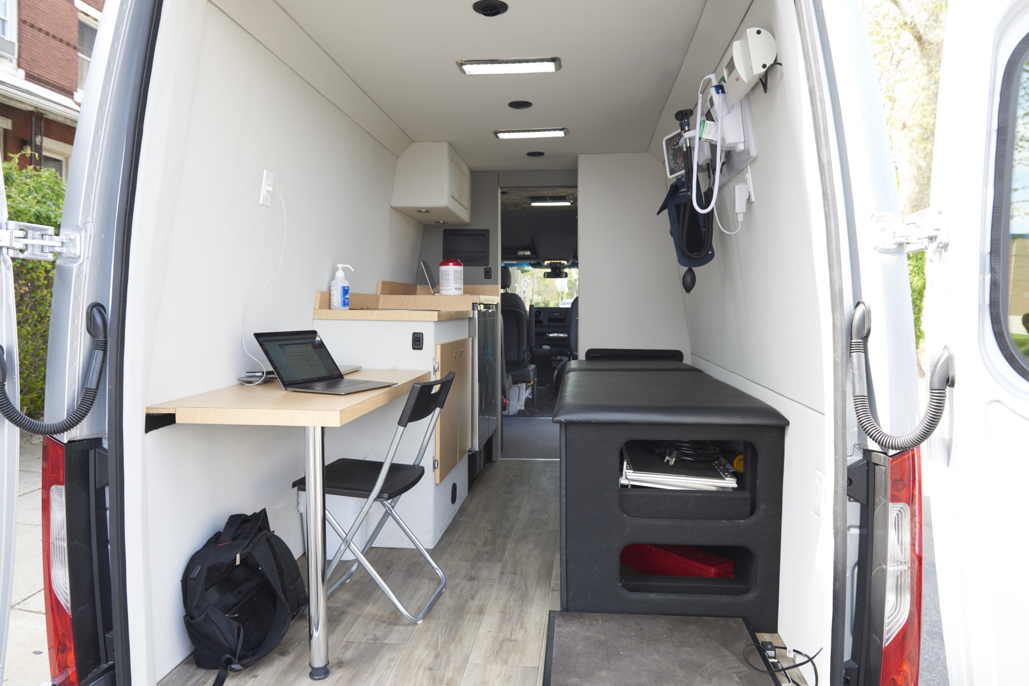 Sayre medical van interior with desk and counter