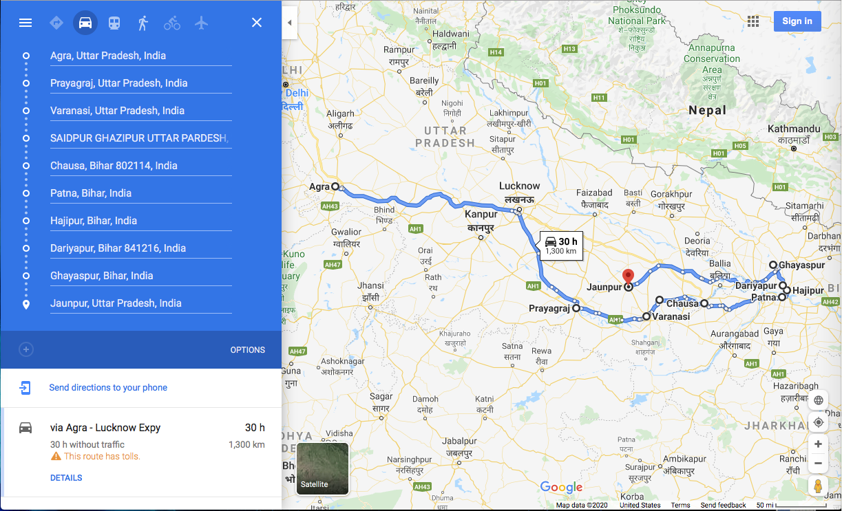 A google map of South Asia depicting a route from Agra to Hajipur