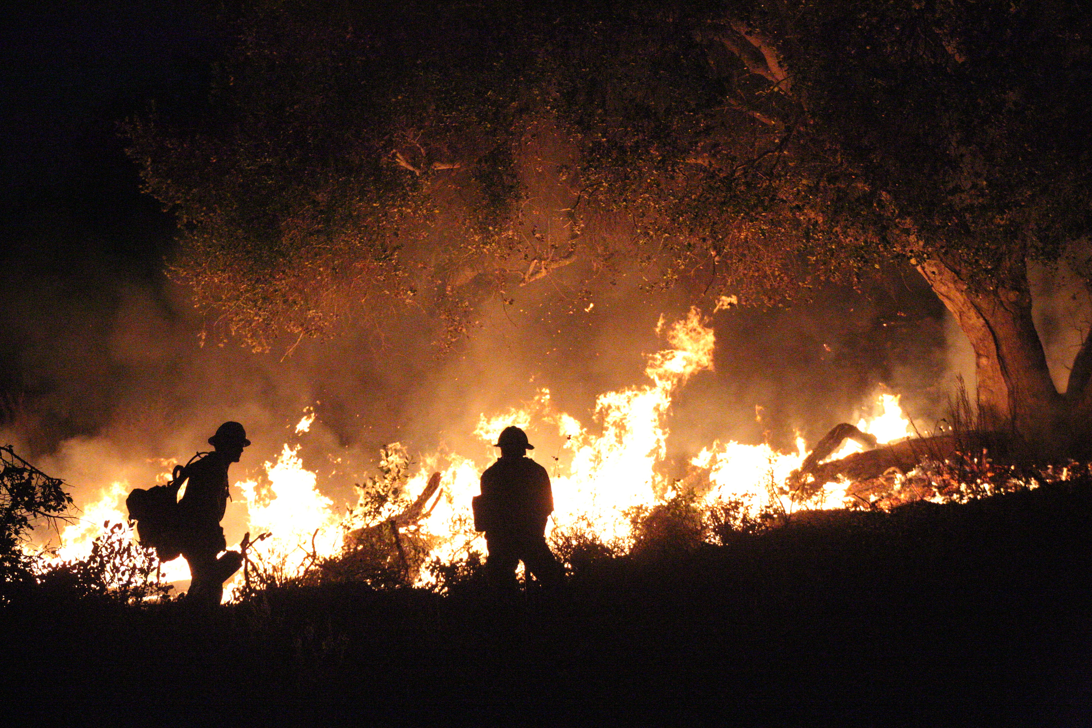 Two firefighters fight a wildfire in California at night.