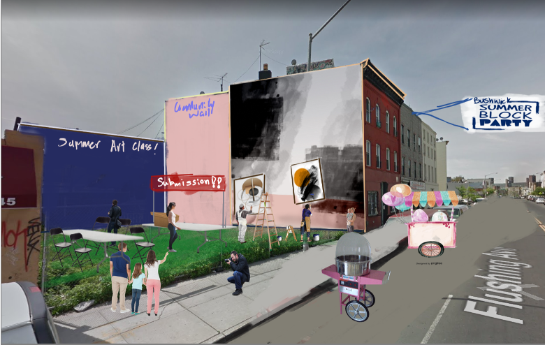 a design of a public space in an urban area, marked with summer art class, grafitti wall, and submission and a sign over the city street that says Bushwick Summer Block Party