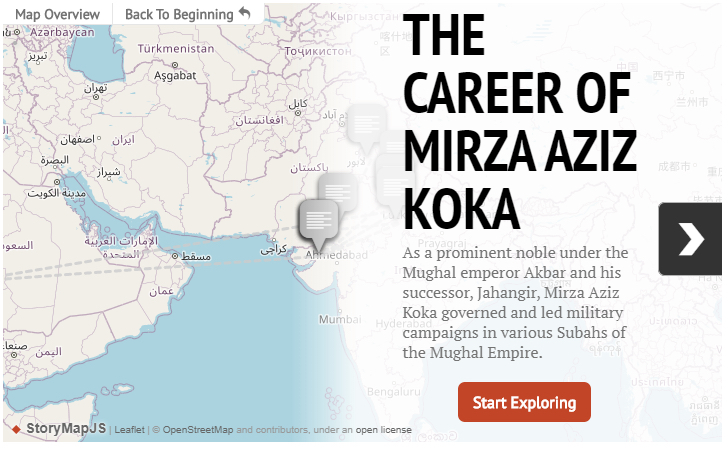 Story map of "The career of Mirza Aziz Koka"