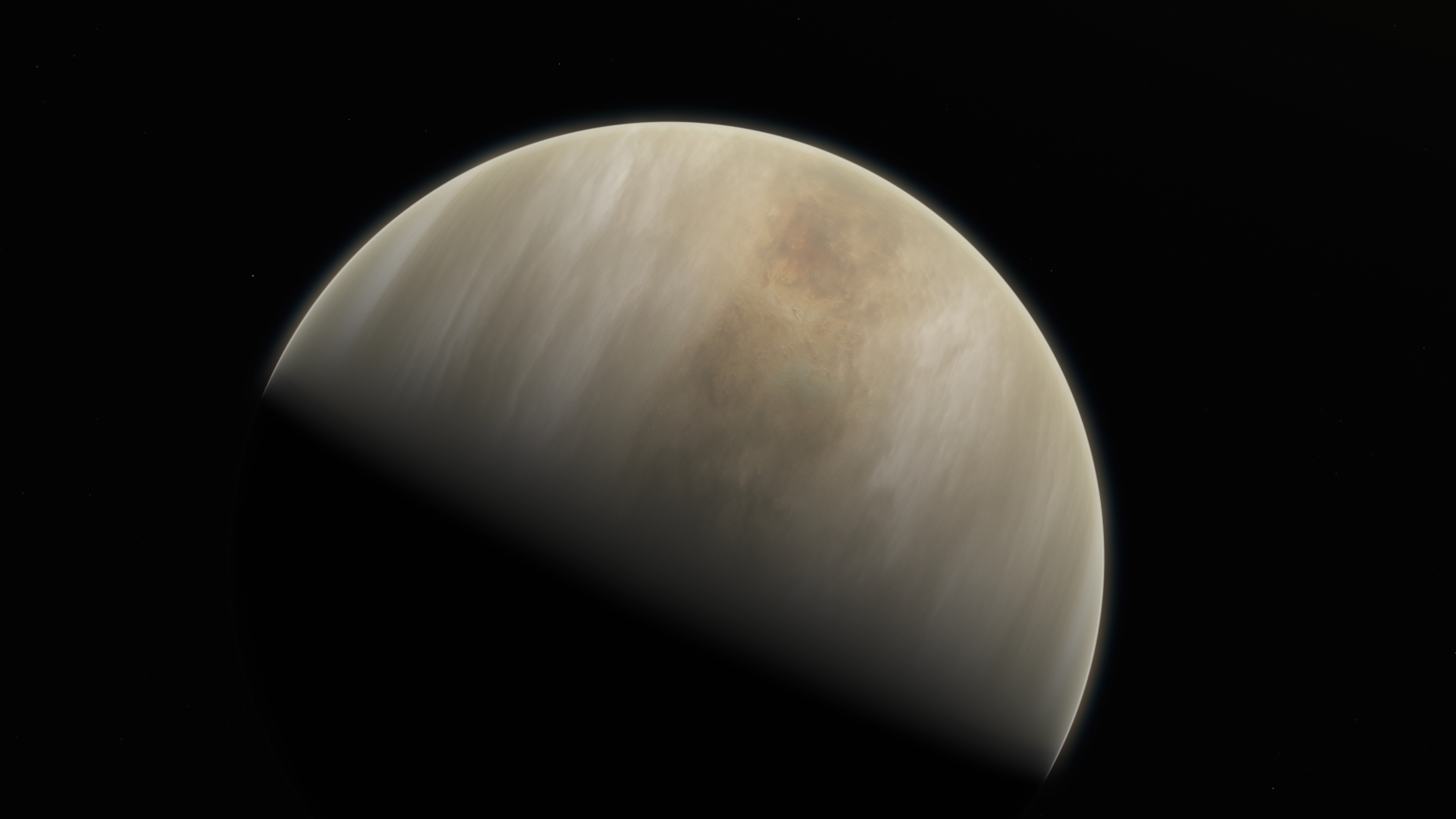 an artists impression of venus, shown half in shadow with a cream and tan colored atmosphere