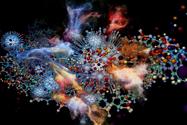 Virbrant graphic of microscopic virus molecules in array